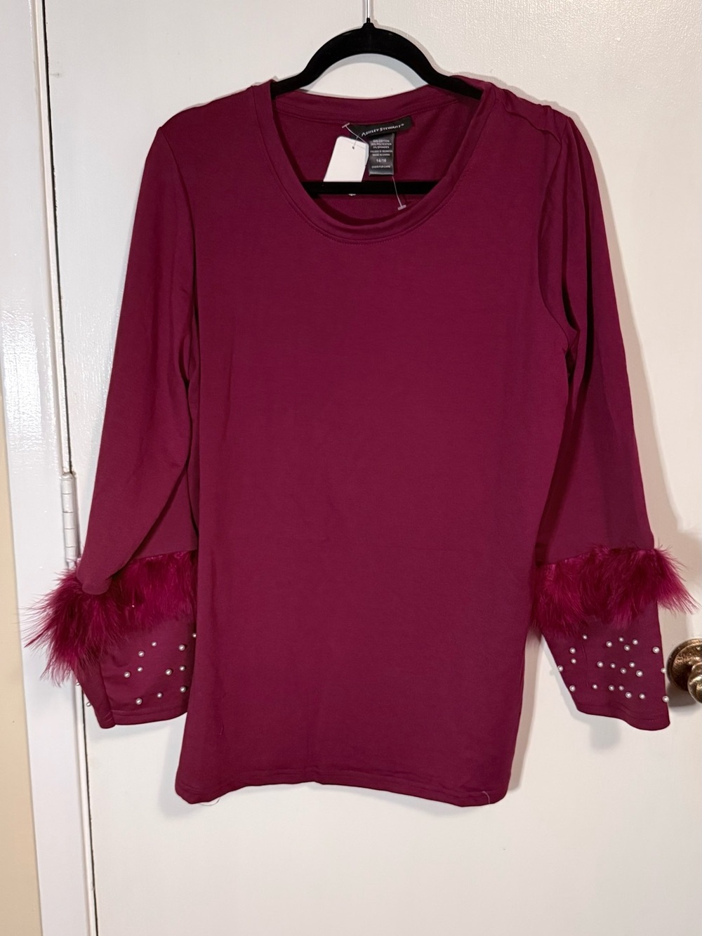 Ashley Stewart Burgundy Faux-Fur Cuff Long Sleeve Tee with Pearl Accents